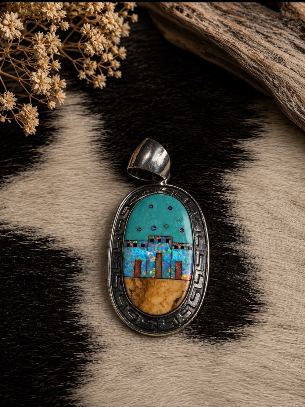 Turquoise and Opal Inlay Oval Silver Pendant